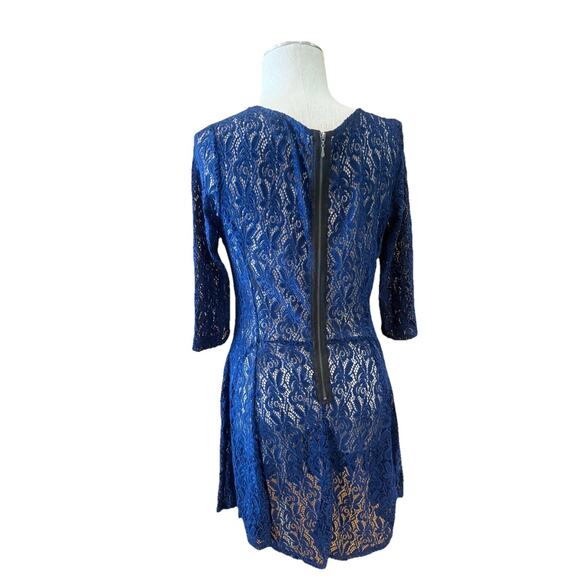 Fishbowl Fit & Flare Dress Women Large Navy Blue Lace Floral Round Neck Back Zip - Picture 5 of 9
